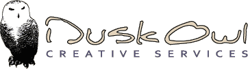 stylized owl on the left, business name (Dusk Owl Creative Services) on the right